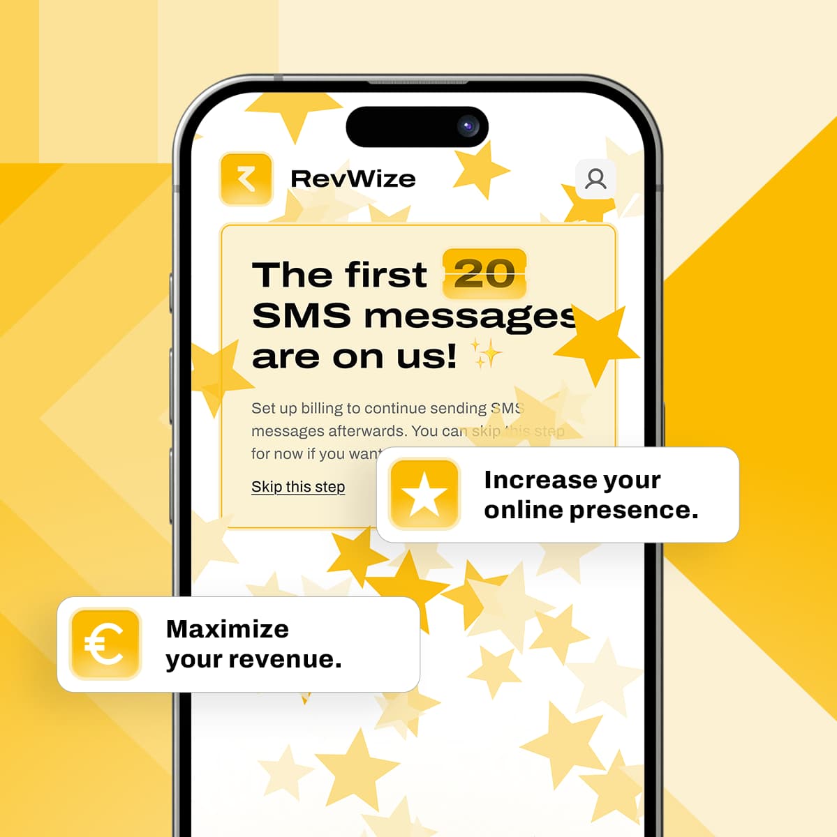 RevWize App Screenshot showing SMS messaging feature